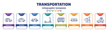 Infographic Template With Icons And 8 Options Or Steps. Infographic For Transportation Concept. Included Compact Car, Automobile, Cabriolet, Kick Scooter, Double Decker Bus, Wagon, Jetliner, Police