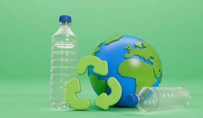 Wall Mural - Earth globe with empty plastic bottles and recycle symbol. Global plastic pollution concept. 3D Rendering