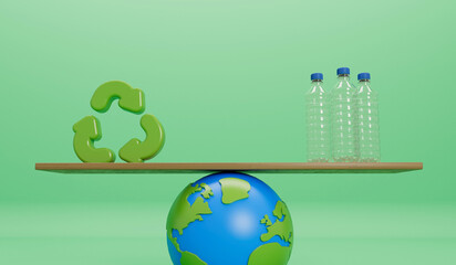 Wall Mural - Earth globe with empty plastic bottles and recycle symbol. Global plastic pollution concept. 3D Rendering