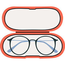 Fancy Glasses With Colored Frames In A Case For Logos, Stickers, Icons, Pattern. Png Simple Flat Cartoon Illustration. Optics, Good Vision, Vintage Glasses, Accessory.