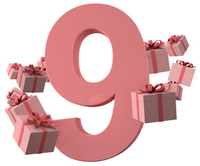 Pink number 9 a birthday concept with gift boxes, 3d render