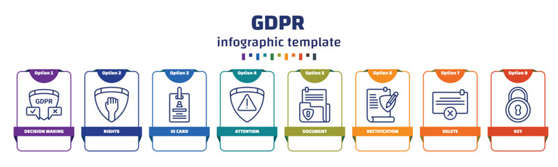 Poster - infographic template with icons and 8 options or steps. infographic for gdpr concept. included decision making, rights, id card, attention, document, rectification, delete, key icons.
