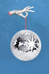 Sticker - Vertical poster collage of disco ball hold hand isolated on painting blue color background