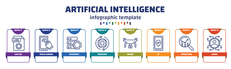 Poster - infographic template with icons and 8 options or steps. infographic for artificial intelligence concept. included log file, touch screen, efficiency, rotation, drone, ip, prediction, users icons.
