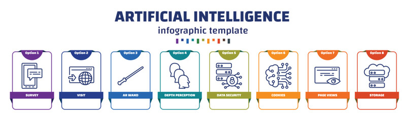 Poster - infographic template with icons and 8 options or steps. infographic for artificial intelligence concept. included survey, visit, ar wand, depth perception, data security, cookies, page views,