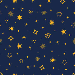 seamless vector pattern on a blue background of the starry sky, stars in yellow color, flat design f