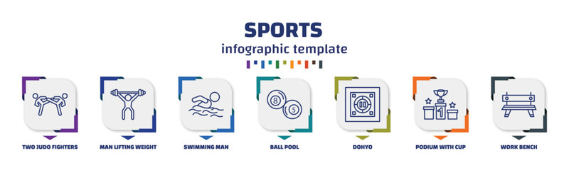 Wall Mural - infographic template with icons and 7 options or steps. infographic for sports concept. included two judo fighters, man lifting weight, swimming man, ball pool, dohyo, podium with cup, work bench