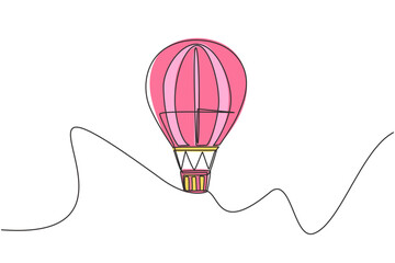 Poster - Single one line drawing of hot air balloon with stripe pattern and a passenger basket flying high into the sky. Vacation experience . Modern continuous line draw design graphic vector illustration.