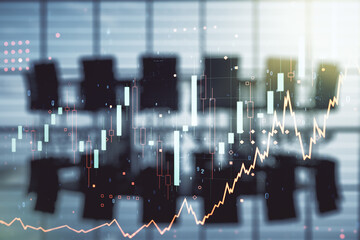 Poster - Multi exposure of virtual abstract financial graph interface on a modern coworking room background, financial and trading concept