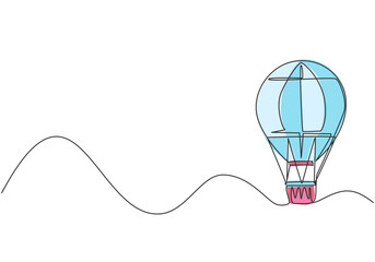 Poster - Continuous one line drawing hot air balloon with stripe pattern and a passenger basket. Fun flying vacation experience in the sky with the family. Single line draw design vector graphic illustration.