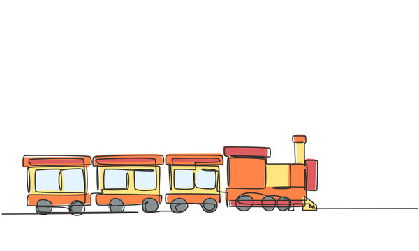 Single one line drawing of a train locomotive with three carriages in the form of a roving steam system in an amusement park to transport passengers. One line draw design graphic vector illustration.