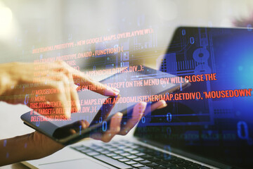 Aufkleber - Multi exposure of abstract software development hologram and finger presses on a digital tablet on background, research and analytics concept