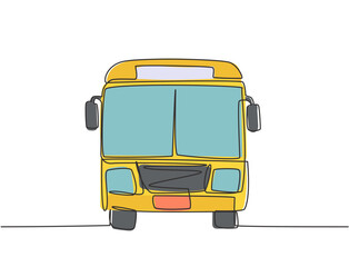 Poster - Continuous one line drawing front view of bus that is stopped at the bus stop waiting for passengers to get on and off, then continue their journey. Single line draw design vector graphic illustration