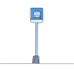 Poster - Single one line drawing of a bus stop with a simple bus sign located on the side of an urban road where passengers get on and off. Modern continuous line draw design graphic vector illustration.