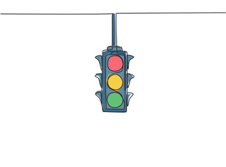 Poster - single continuous line drawing of traffic lights that are placed hanging above the highway crossing.