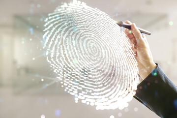 Aufkleber - Multi exposure of developer's hand with pen working with virtual graphic fingerprint sketch on blurred office background, fingerprint scan data concept