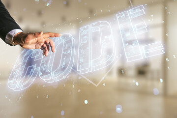 Aufkleber - Man hand clicks on Code word hologram on blurred office background, artificial intelligence and neural networks concept. Multiexposure