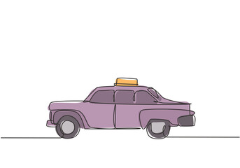 Poster - Continuous one line drawing old taxi cars that are still operating serve passengers to get around to historical places. Vintage holiday facilities. Single line draw design vector graphic illustration.