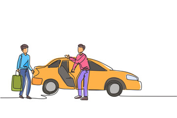 Poster - Single one line drawing of male taxi drivers are inviting prospective passengers to get inside and deliver them to their destination. Modern continuous line draw design graphic vector illustration.