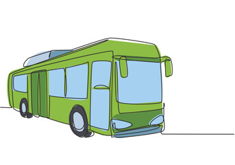 Poster - Single continuous line drawing city buses serving commuter employees and school students depart from their homes to their respective destinations. One line draw graphic design vector illustration.