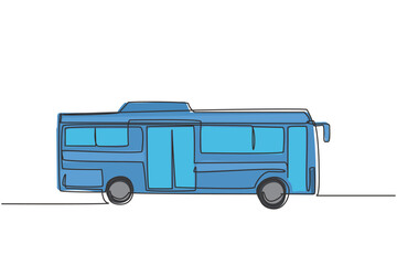 Poster - Single one line drawing of city buses seen from the side serving commuter passengers departing and returning from home to the office. Modern continuous line draw design graphic vector illustration.
