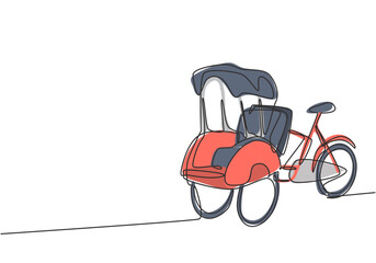 Poster - single one line drawing pedicab with three wheels and passenger seat at the front and driver control