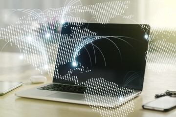 Poster - Double exposure of abstract digital world map with connections on laptop background, research and strategy concept