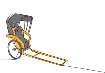 Poster - Continuous one line drawing pulled rickshaw vehicles that are a part of history in China and Japan with two wheels and being towed by humans. Single line draw design vector graphic illustration.