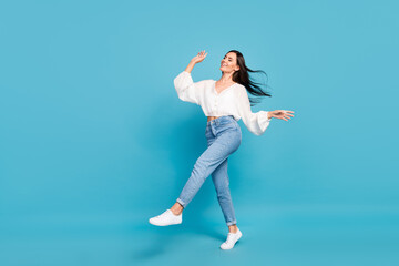 Sticker - Full length photo of overjoyed cheerful person dancing partying isolated on blue color background