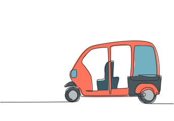 Poster - Continuous one line drawing from the side, Rickshaw is a traditional transportation in India which is still operating until now serving passengers. Single line draw design vector graphic illustration.