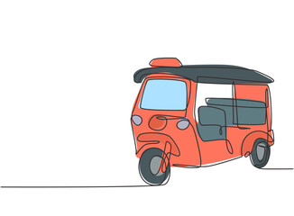 Poster - Single continuous line drawing Tuk Tuk Thailand is often used by tourists as a means of transportation to get around tourist attractions in Thailand. One line draw graphic design vector illustration.