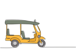 Poster - Single one line drawing of Thai tuk tuk seen from the side serving foreign passengers who are traveling in Thailand. Become a tourism icon. Continuous line draw design graphic vector illustration.