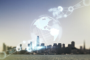 Aufkleber - Abstract virtual robotics technology hologram with globe sketch on San Francisco skyline background. Robot development and automation concept. Multiexposure