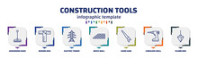 Infographic Template With Icons And 7 Options Or Steps. Infographic For Construction Tools Concept. Included Gardening Rake, Boning Rod, Electric Tower, Brick Wall, Hand Saw, Cordless Drill, Plumb
