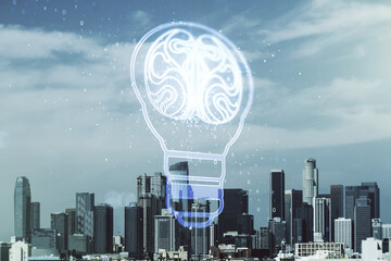 Poster - Abstract virtual idea concept with light bulb and human brain illustration on Los Angeles skyline background. Neural networks and machine learning concept. Multiexposure