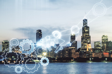 Aufkleber - Abstract virtual robotics technology hologram on Chicago skyline background. Robot development and automation concept. Multiexposure