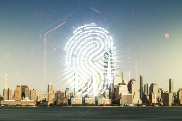 Aufkleber - Multi exposure of virtual fingerprint scan interface on Manhattan office buildings background, digital access concept