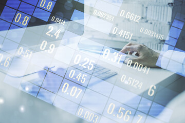 Poster - Multi exposure of abstract graphic data spreadsheet sketch with hands typing on computer keyboard on background, analytics and analysis concept