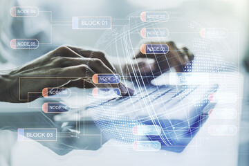 Poster - Abstract creative coding illustration with world map and hands typing on laptop on background, international software development concept. Multiexposure