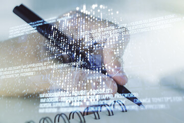 Poster - Creative concept of code skull illustration and man hand writing in notebook on background. Hacking and phishing concept. Multiexposure