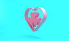Pink Heart With Clover Trefoil Leaf Icon Isolated On Turquoise Blue Background. Happy Saint Patricks Day. National Irish Holiday. Minimalism Concept. 3D Render Illustration