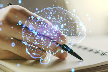 Poster - Double exposure of creative artificial Intelligence symbol with man hand writing in notebook on background. Neural networks and machine learning concept