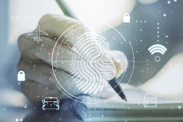 Aufkleber - Abstract creative fingerprint illustration with woman hand writing in diary on background, personal biometric data concept. Multiexposure