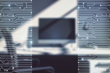 Aufkleber - Creative abstract micro chip hologram and modern desktop with pc on background, artificial intelligence and machine learning concept. Multi exposure