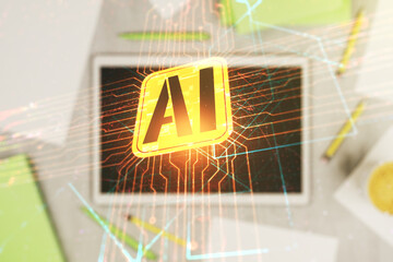 Poster - double exposure of creative artificial intelligence icon and digital tablet on background, top view.