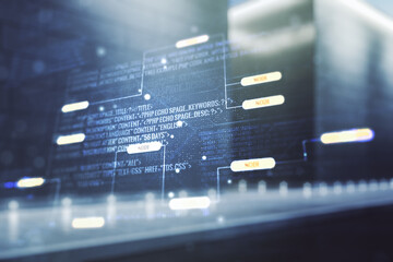 Poster - Double exposure of abstract programming language interface on modern business center exterior background, research and development concept