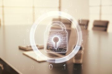 Poster - Creative light lock illustration with microcircuit on modern computer background, cyber security concept. Multiexposure