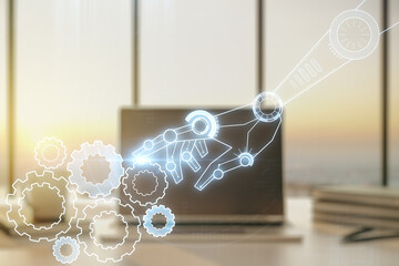 Aufkleber - Double exposure of robotics technology hologram on laptop background. Research and development software concept