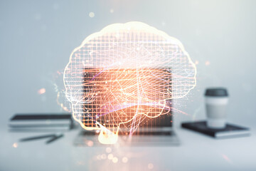 Poster - Creative artificial Intelligence concept with human brain hologram on modern laptop background. Multiexposure