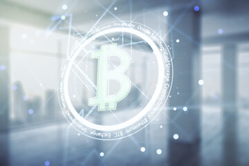Poster - Double exposure of creative Bitcoin symbol hologram on empty room interior background. Mining and blockchain concept